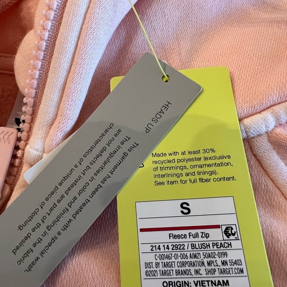 All in Motion Peach Fleece Full Zip Hoodie Jacket - Picture 5 of 6